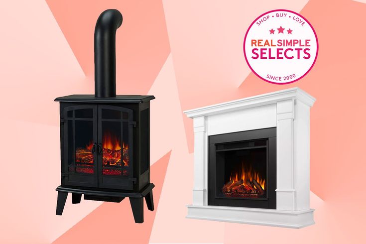 an electric fireplace with the words real simple selections on it and a pink background behind it