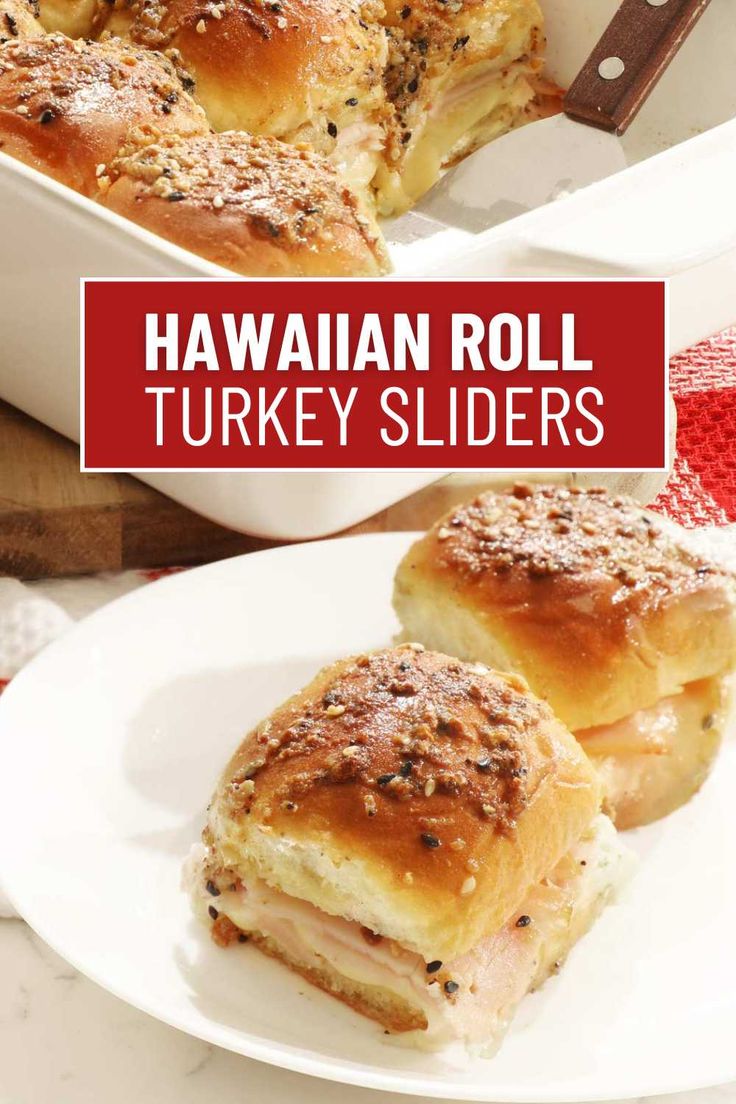 hawaiian roll turkey sliders on a white plate with the title in red above it