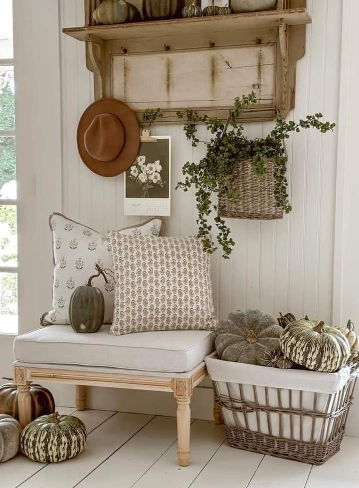 a room filled with lots of different types of pumpkins and other things on the wall