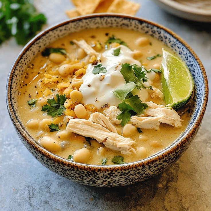 a bowl of chicken tortilla soup with sour cream and garnished cilantro