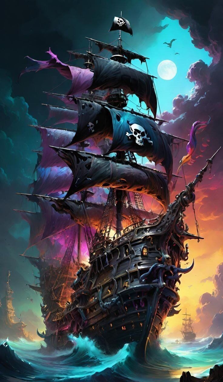 a pirate ship floating in the ocean at night