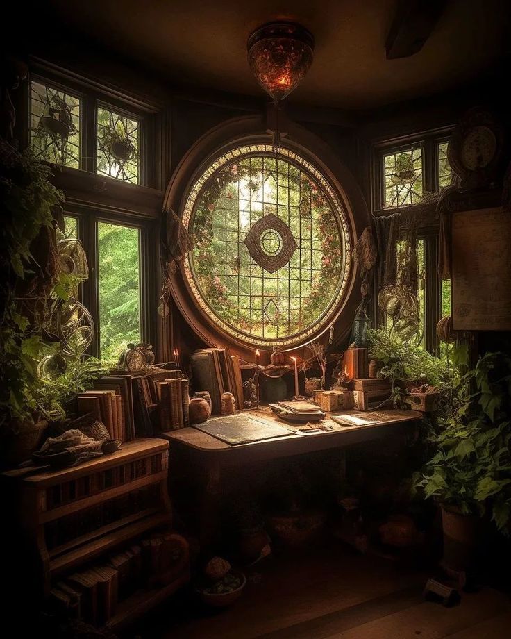 a room filled with lots of windows and plants next to a desk in front of a large circular window