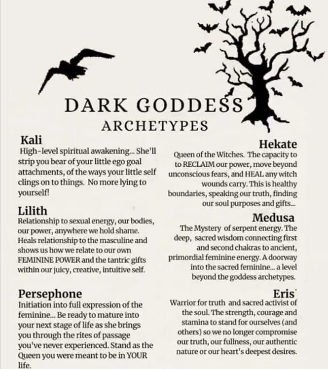 an advertisement for dark goddess archetys, with bats on the tree and text below it