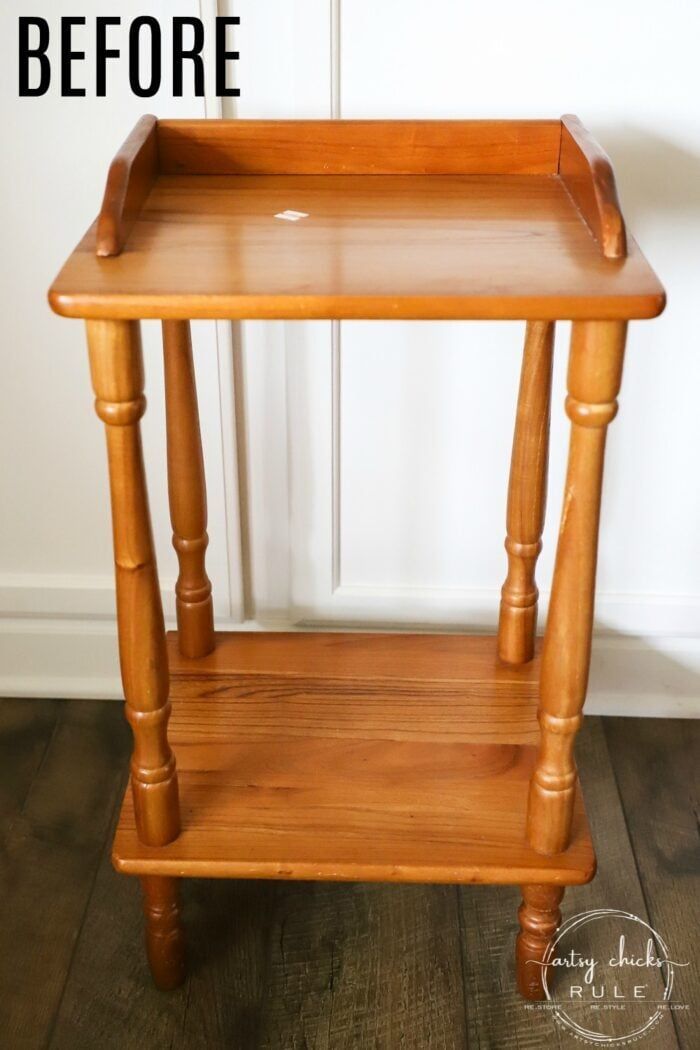 a small wooden table with the words before painted on it