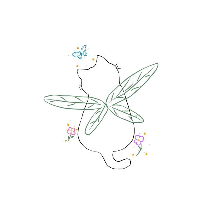 a drawing of a cat with a butterfly on it's back