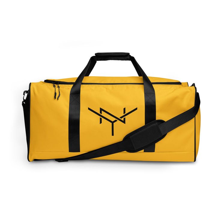 a yellow duffle bag with black handles and two arrows on the side, sitting against a white background