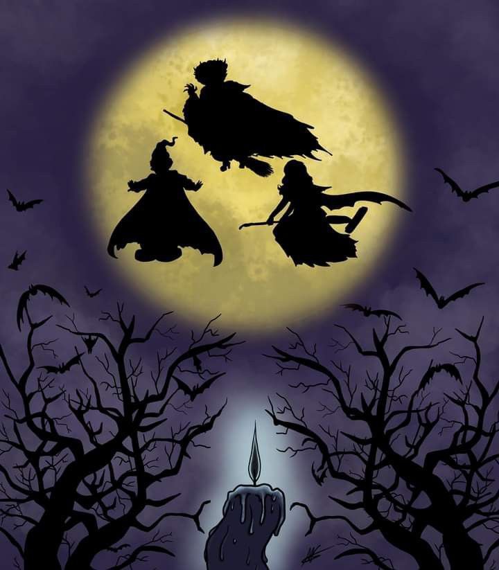 the silhouettes of two witches flying in front of a full moon with bats and trees