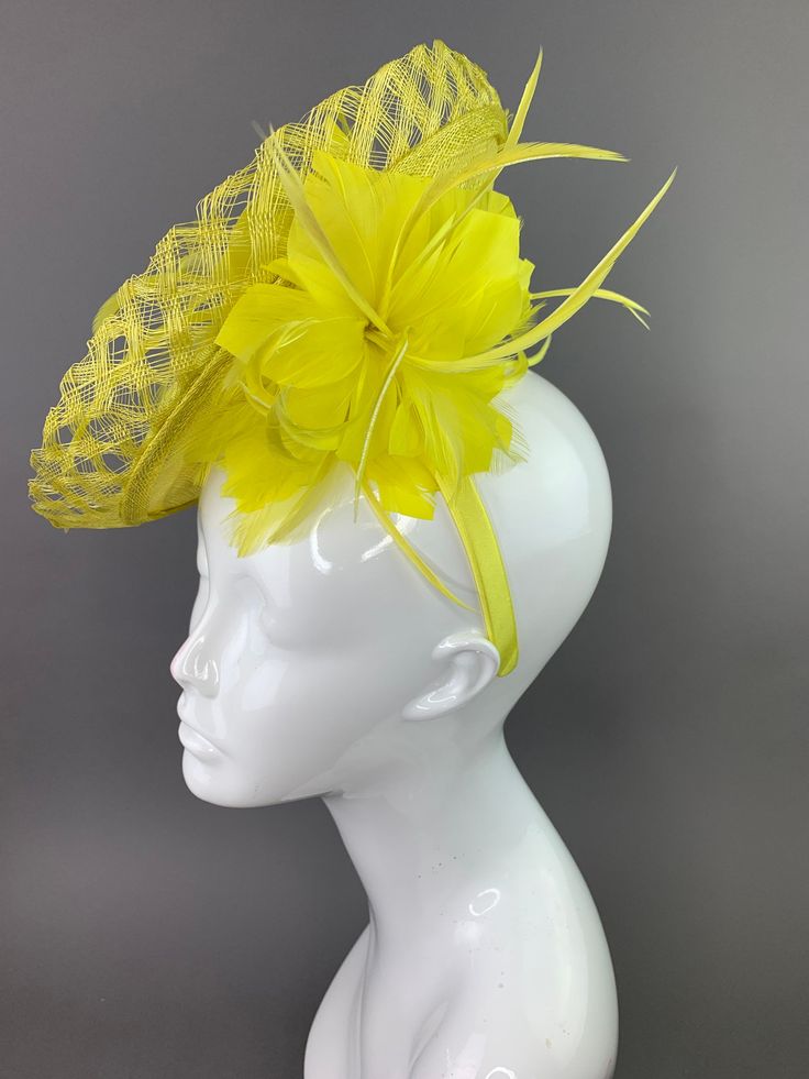 This beautiful couture fascinator full of detail, adorned with feathers and attaches matching satin headband. Perfect Piece for a wedding, the races, tea party or any other special occasion. -Light and comfortable to wear Matching mini Mommy & Me pieces available for toddlers and young girls! See them here: https://www.etsy.com/shop/QueenSugarBee?ref=seller-platform-mcnav&section_id=21350065 Don't forget matching gloves to complete the look! You can find them here! https://www.etsy.com/s Luxury Yellow Headpiece For Party, Luxury Yellow Mini Hat For Kentucky Derby, Luxury Yellow Party Hat, Gatsby Style Feather Fascinator For Party, Gatsby Style Party Fascinator With Feathers, Ostrich Feather Headpiece For Kentucky Derby Party, Ostrich Feather Headpieces For Kentucky Derby Party, Feather Trim Mini Hats For Kentucky Derby Evening, Ostrich Feather Fascinator For Kentucky Derby Evenings