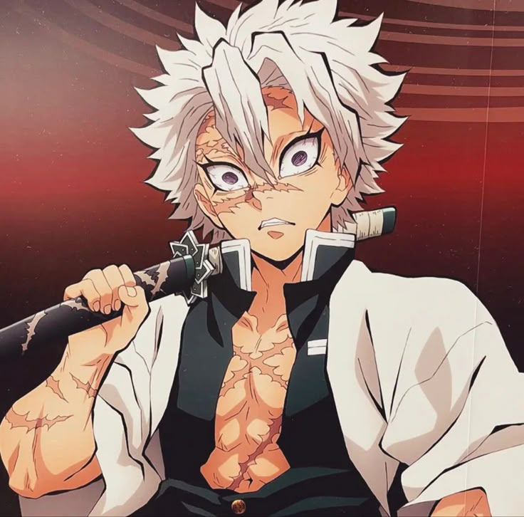 an anime character with white hair and blue eyes holding a baseball bat in his right hand