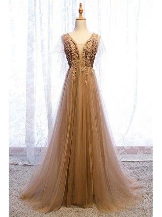 Flowy Brown Gold Long Tulle Prom Dress With Train Earth Tone Dresses, Brown Dress Wedding, Prom Dresses Flowy, Gold Long Dress, Light Brown Dress, Fairy Prom Dress, Cheap Prom Dresses Online, Prom Dress With Train, Champagne Evening Dress