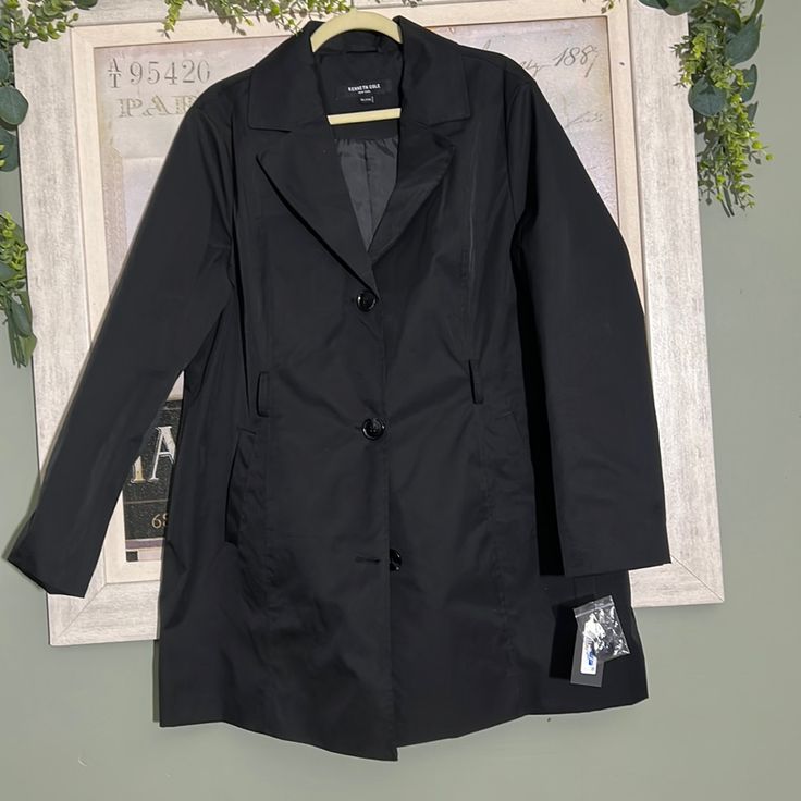 New Missing Belt Black Raincoat For Workwear In Fall, Black Fall Workwear Raincoat, Black Long Raincoat For Workwear, Black Fall Raincoat For Work, Black Workwear Raincoat For Fall, Black Long Raincoat For Work, Kenneth Cole, Jackets & Coats, Jackets For Women