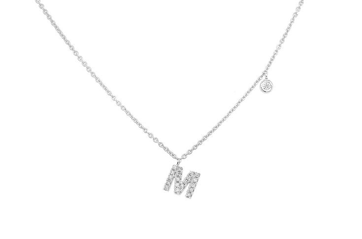 14kt White Gold Necklace Initial Letter M with Diamonds 0.11 carats. 14" to 16" length. Chain Included. Comes in a beautifull 6x6 inch gift box. Perfect High Jewelry Gift for Mom, Girlfriend, Daughter, Birthday or Christmas Gift. Necklace Initial Letter, Letter Case, M Necklace, White Gold Necklace, Necklace Initial, Letter M, White Gold Necklaces, Initial Letter, Daughter Birthday