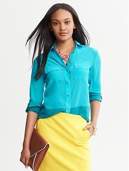 Colorblock Silk Blouse | Banana Republic Fall Blouse With Collar And Pockets, Fall Blouse With Pockets And Collar, Chic Fall Blouse With Pockets, Chic Blouse With Pockets For Fall, Chic Button-up Blouse With Pockets, Chic Collared Tops With Pockets, Chic Tops With Pockets And Spread Collar, Summer Workwear Tops With Flap Pockets, Casual Workwear Blouse With Fold Down Collar