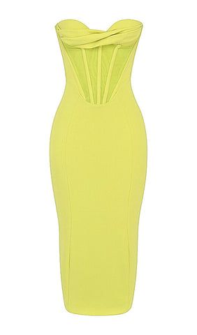 Chic Yellow Fitted Strapless Dress, Yellow Stretch Evening Dress, Fitted Sleeveless Evening Bandage Dress, Yellow Fitted Backless Dress, Summer Cocktail Bandage Dress With Sweetheart Neckline, Stretch Strapless Bandage Dress, Fitted Yellow Backless Dress, Strapless Bandage Dress With Fitted Bodice For Summer, Summer Bandage Dress With Sweetheart Neckline For Night Out