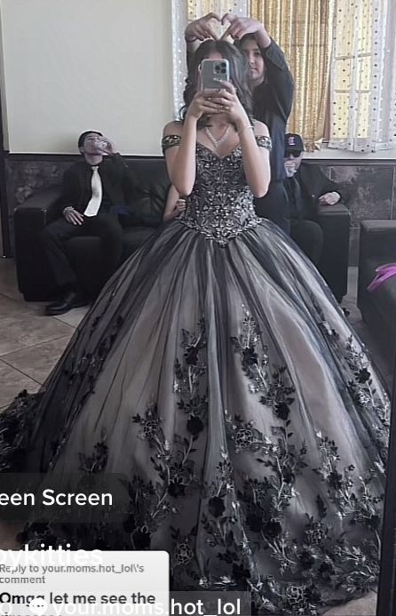 Black And Silver Ball Gown, Black And Champagne Quince Dress, Masquerade Quinceanera Ideas Dresses, Qencenera Dresses Black, Rock Quinceanera, Dark Quince Theme, Black Dress For Quinceanera, Corpse Bride Quinceanera Dress, Quinceanera Dresses Gray