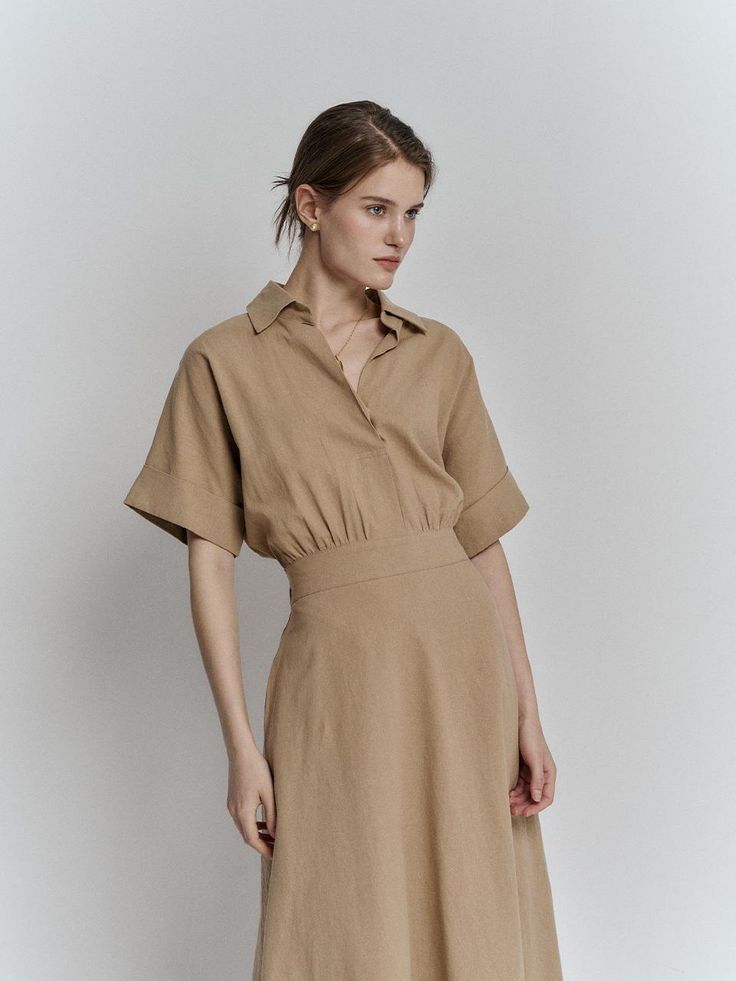 Composition : LINEN 100%Color : BEIGECountry of Origin : Republic of Korea Collared Beige Midi Dress For Office, Workwear A-line Linen Mini Dress, Beige Short Sleeve Midi Dress, Elegant Short Sleeve Linen Dress For Work, Elegant Beige Linen Workwear Dress, Spring Neutral Collared Dress, Elegant Neutral Linen Midi Dress, Beige Collared Midi Dress, Beige Collared Formal Dress