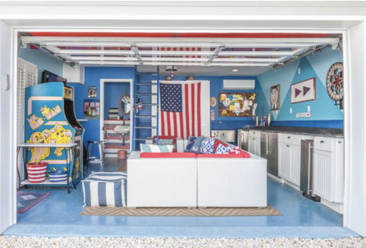 the inside of a garage with an american flag theme