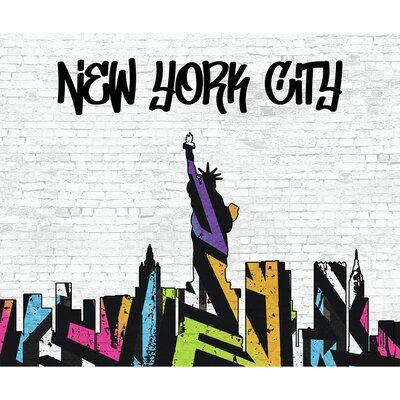 the new york city skyline is painted on a white brick wall with colorful graffiti lettering