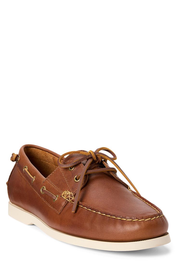 This classic moc-toe boat shoe is crafted from tumbled leather and outfitted with a reinforced heel. Lace-up style Cushioned footbed Leather upper and lining/rubber sole Imported Removable insole Rugged Leather Moc Toe Loafers, Casual Moccasins With Goodyear Welt Construction, Classic Leather Moc Toe Boat Shoes, Leather Lace-up Boat Shoes With Leather Footbed, Lace-up Leather Boat Shoes With Leather Footbed, Leather Boat Shoes With Leather Footbed And Round Toe, Classic Moc Toe Boat Shoes With Stitched Sole, Rugged Leather Boat Shoes With Rubber Sole, Rugged Leather Boat Shoes With Leather Sole