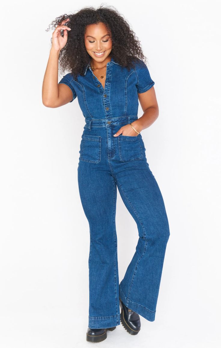 Everhart Jumpsuit ~ Lunar Blue – Show Me Your Mumu Collared Denim Jumpsuit With Button Closure, Fitted Collared Denim Jumpsuit For Summer, Trendy Collared Jumpsuits And Rompers With Button Closure, Fitted Medium Wash Denim Jumpsuit With Button Closure, Fitted Collared Jumpsuit With Button Closure, Fitted Cotton Denim Jumpsuit With Button-up, Fitted Cotton Denim Jumpsuit With Button-up Design, Vintage Denim Jumpsuit For Work, Cotton Button-up Fitted Jumpsuits And Rompers