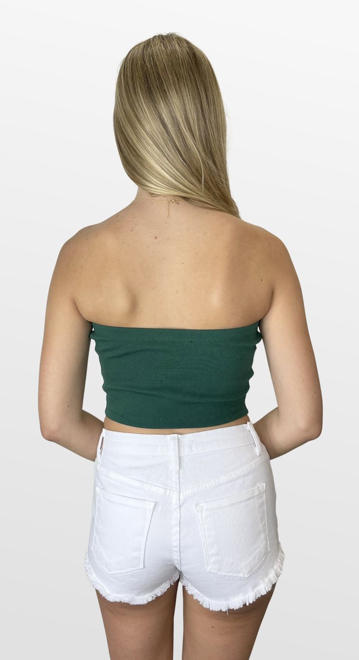 Look great on those hot game days! This tube top is a soft ribbed tee fabric with a triangle detail in front. Pair with your favorite bottoms to look great and keep cool on gamedays. Color- Dark Green (Also Available in Blue, Burgundy, Red, and Orange) 95% Polyester 5% Spandex Seamless Casual Tube Top For Day Out, Trendy Tops For Game Day In Summer, Casual Ribbed Bandeau Crop Top, Casual Green Bandeau Tube Top, Green Strapless Casual Tank Top, Fitted Tops For Game Day In Spring, Casual Green Strapless Tank Top, Green Bandeau Top For Day Out, Green Stretch Casual Tube Top