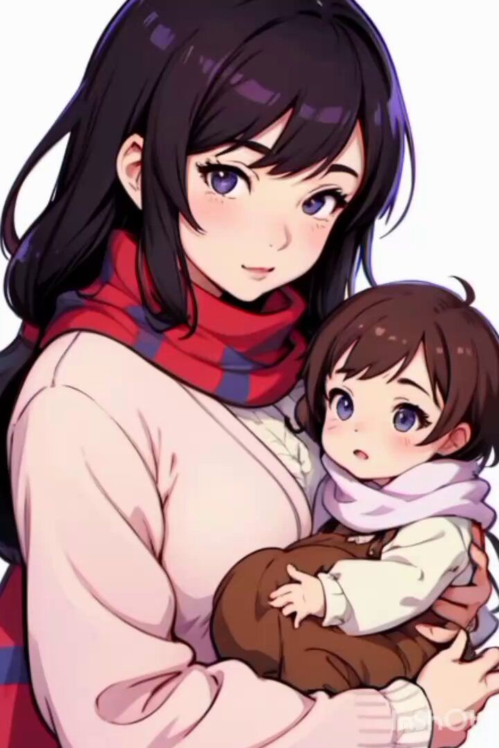 a woman holding a small child in her arms and wearing a scarf around her neck