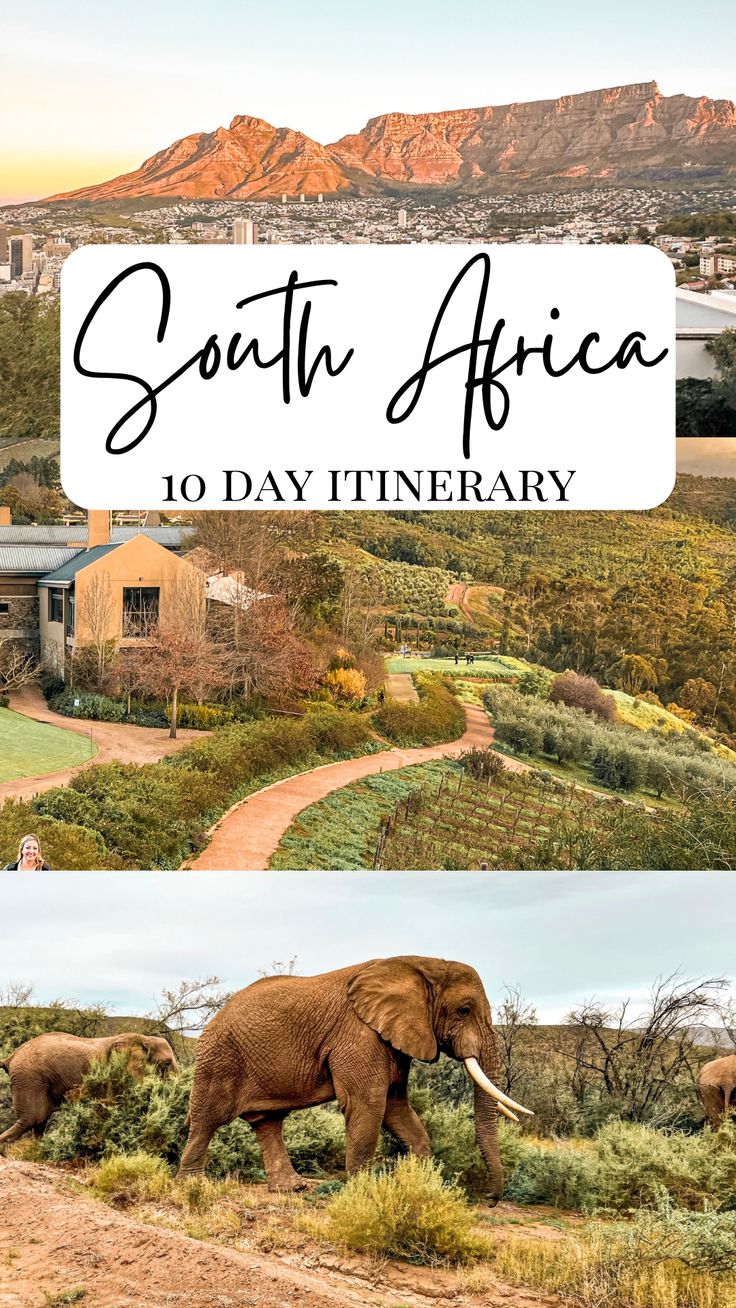 an elephant walking down a dirt road with the words south africa 10 day itinerary