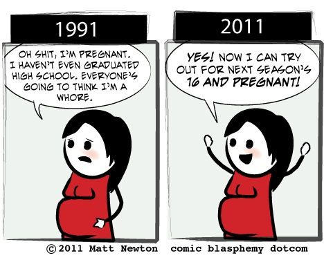 two paneled cartoon depicting the stages of pregnant women's life in 2011 and 2011