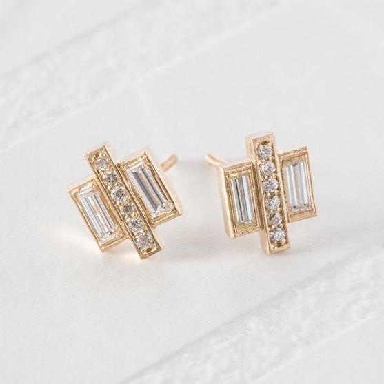 art deco vintage sustainable repurposed recycled pave modern eco friendly diamond baguette earrings jewelry Modern Luxury Adjustable Earrings, Luxury Modern Adjustable Earrings, Elegant Baguette Cut Diamond Earrings, Elegant Gold Baguette-cut Earrings, Formal Baguette-cut Earrings With Diamond Accents, Luxury Modern Octagon Earrings, 14k Gold Baguette-cut Diamond Earrings For Formal Occasions, Formal 14k Gold Baguette-cut Diamond Earrings, Baguette Diamond Earrings