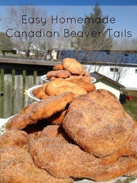 homemade canadian beaver tails on a white plate with blue sky in the background and text overlay that reads easy homemade canadian beaver tails