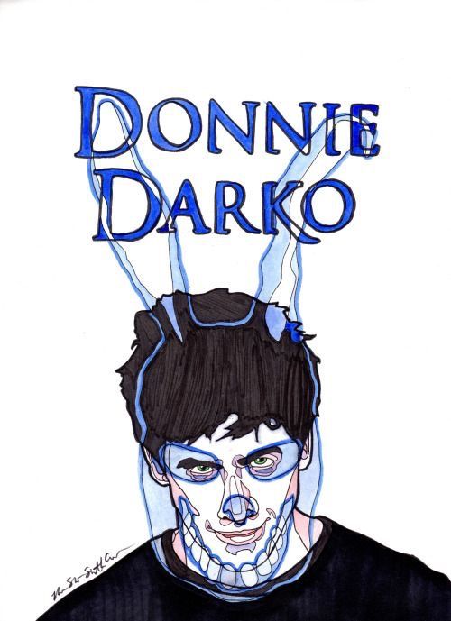 a drawing of a man with blue makeup on his face and the words donne darko above him