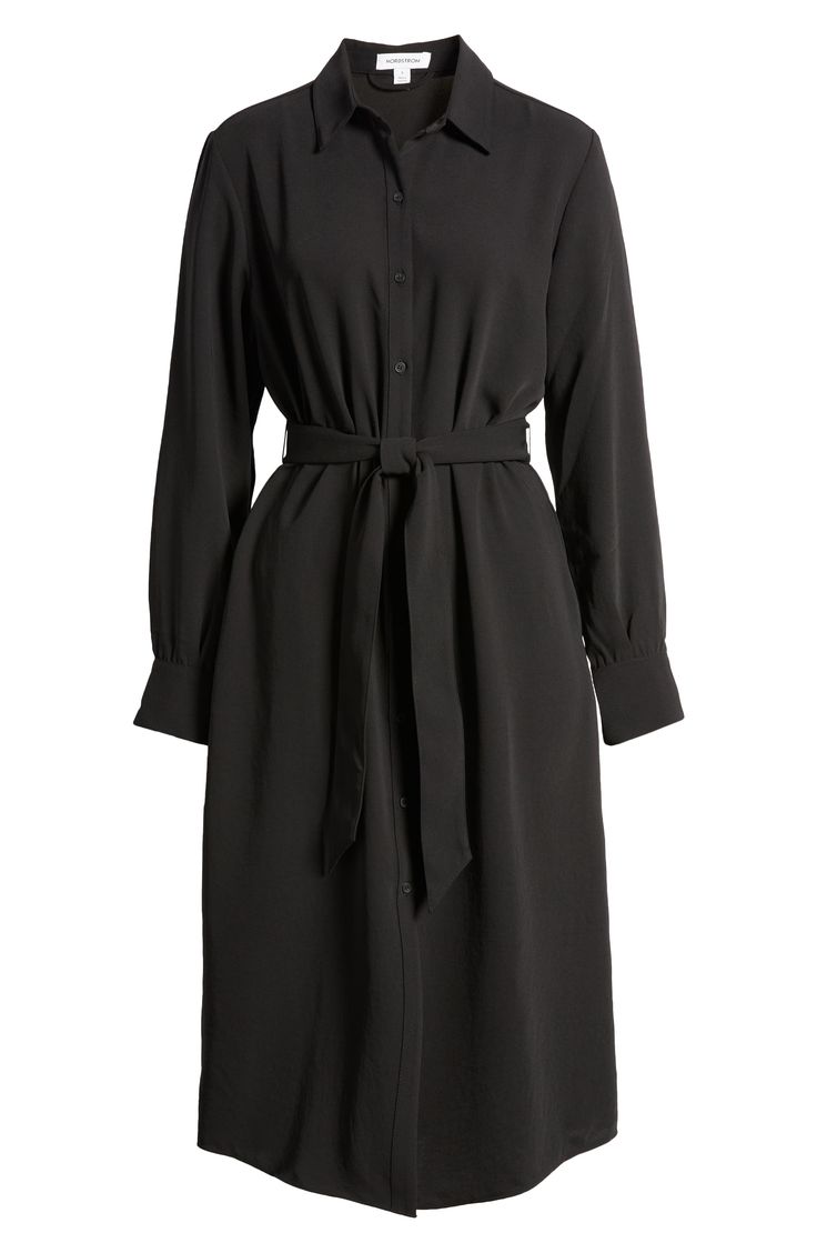 This woven shirtdress is rendered in a relaxed fit and boasts smart everyday details like a spread collar, a tonal tie belt and a subtly flared skirt for extra movement. 45" length (size Medium) Front button closure Spread collar Long sleeves with two-button cuffs Removable tie belt Unlined 100% polyester Machine wash, line dry Imported Classic Belted Shirt Dress For Semi-formal Occasions, Chic Collared Shirt Dress For Business, Classic Collared Belted Dress For Formal Occasions, Classic Collared Shirt Dress For Business, Midi Dress With Spread Collar And Placket For Work, Elegant Collared Belted Shirt Dress, Elegant Collared Belted Dress For Work, Elegant Fall Shirt Dress With Tie Waist, Elegant Button-up Midi Dress With Tie Waist