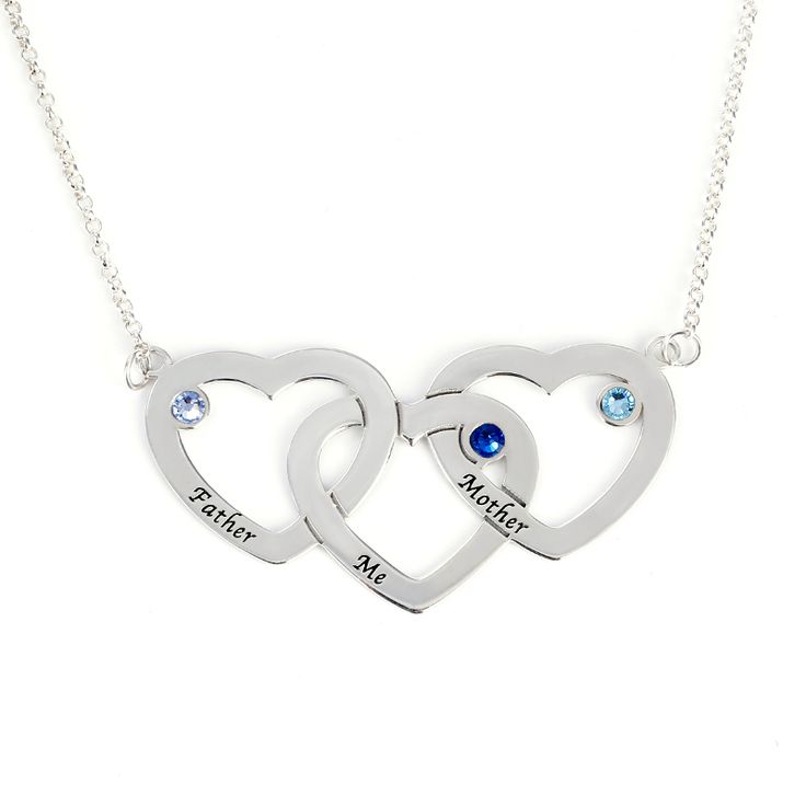 Jeulia interlocking heart sterling silver personalized necklace, three open heart interlocking is as your family members, father, mother and you. You can also choose your birthstone for necklace, engraving your family name. This is also suitable for friends necklace. Funny, Personalized and cool to everyone, which is a special necklace for friendship and family love. Hurry up to tell us your wonderful idea!Chain Type: Cable chainWidth: 46 mmHeight: 24 mmThickness: 1.2 mmMaterial: 925 SilverPlati Personalized Sterling Silver Birthstone Necklace For Anniversary, Double Heart Stainless Steel Jewelry For Personalized Gift, Personalized Stainless Steel Double Heart Jewelry, Mother's Day Custom Name Sterling Silver Birthstone Necklace, Mother's Day Sterling Silver Birthstone Necklace With Custom Name, Personalized White Gold Birthstone Necklace For Mother's Day, Personalized Family Jewelry For Mother's Day, Silver Double Heart Custom Name Necklaces, Personalized Sterling Silver Open Heart Jewelry