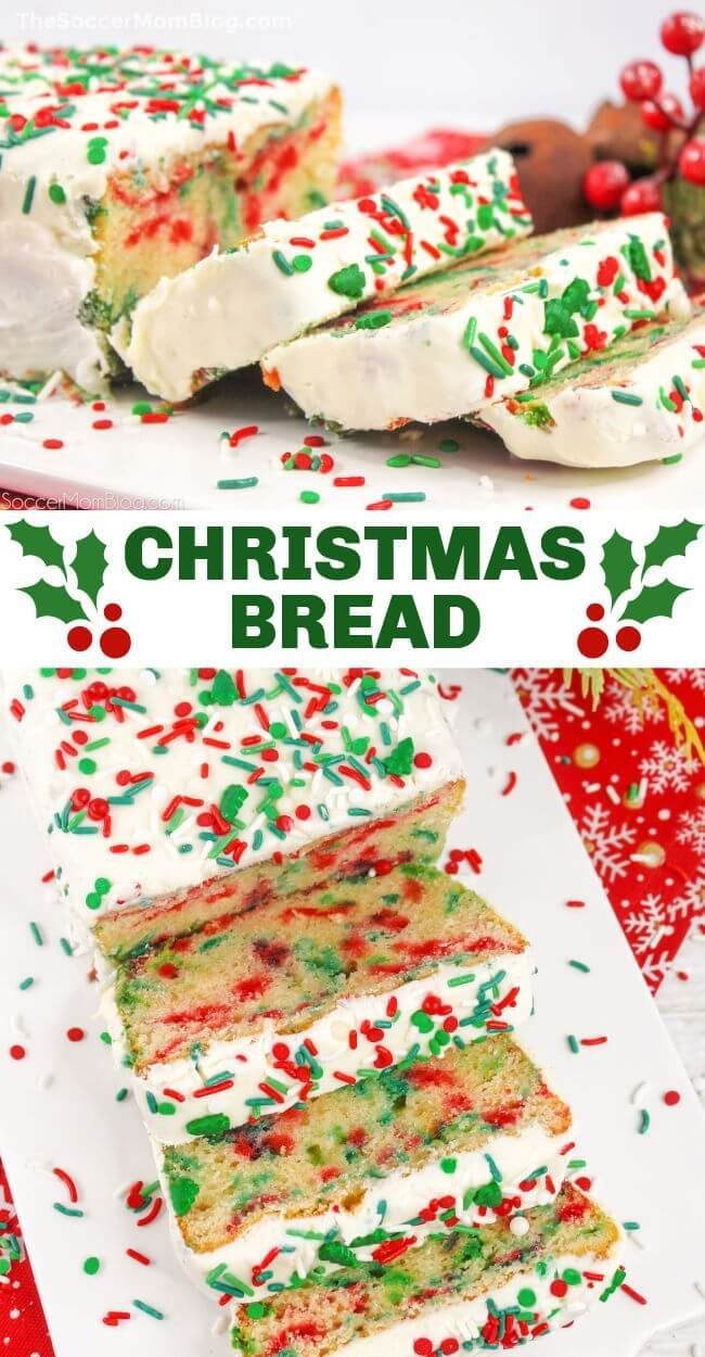 christmas bread with white frosting and sprinkles on it, cut into pieces