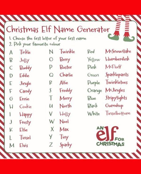 a christmas elf name generator is shown in red and white