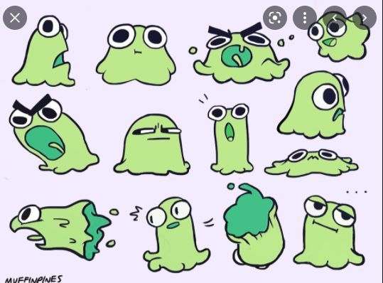 some green cartoon characters with big eyes and googly eyes, all in different poses