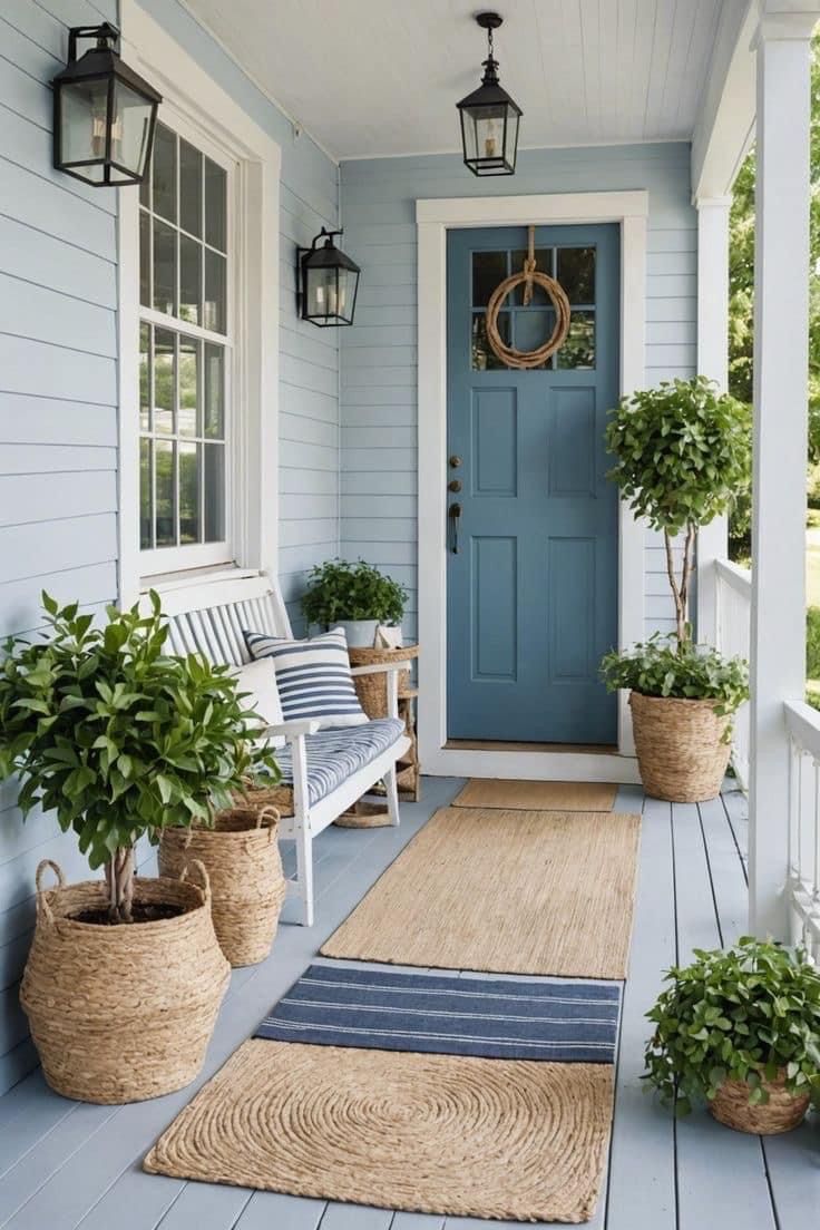 a blue front door with potted plants on the porch and rugs in front