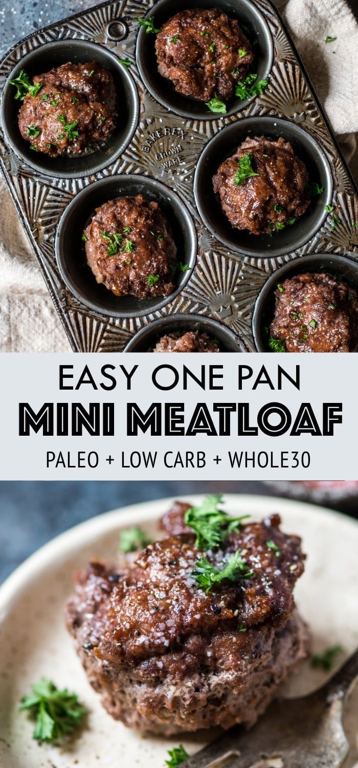 mini meatloaf in muffin tins with parsley on top and the title overlay reads easy one pan mini meatloaf