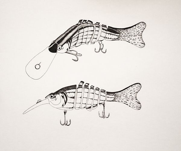 two drawings of fish with fishing hooks attached to them