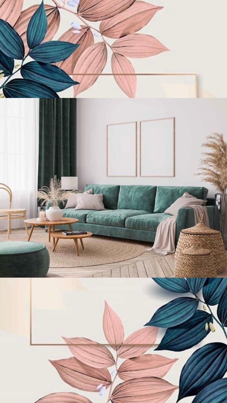 the living room is decorated in shades of blue and pink, with large leaves on the wall