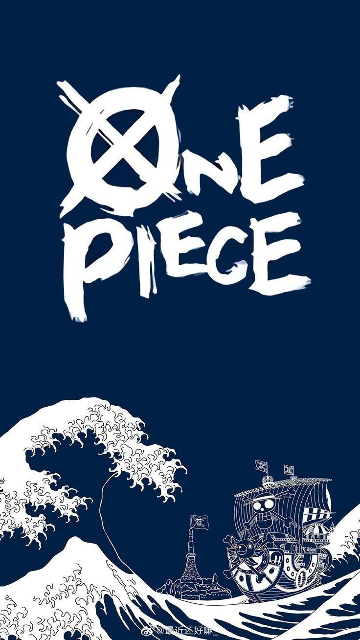 one piece poster with the great wave in blue and white, on a dark background