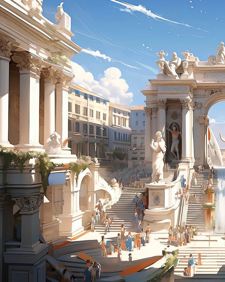 an artist's rendering of a city with fountains and statues