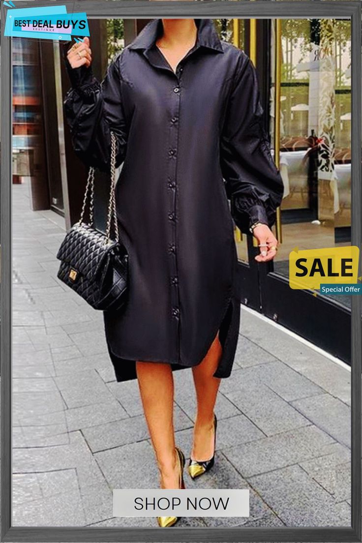 Long Sleeve Shirt Collar Midi Dress Casual Long Sleeve Shirt Dress For Party, Long Sleeve Solid Color Shirt Dress For Party, Knee-length Shirt Dress For Office In Spring, Elegant Shift Shirt Dress For Spring, Chic Shift Midi Length Shirt Dress, Elegant Spring Shift Shirt Dress, Spring Knee-length Shirt Dress For Office Wear, Fall Workwear Mid-length Shirt Dress, Long Sleeve Shift Shirt Dress For Day Out