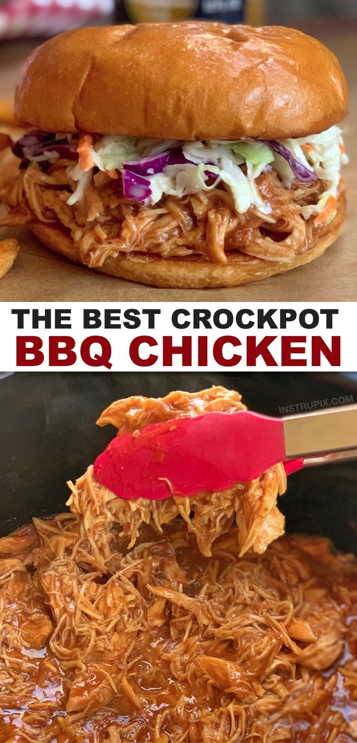 the best crockpot bbq chicken recipe is made with pulled pork, cheese and coleslaw