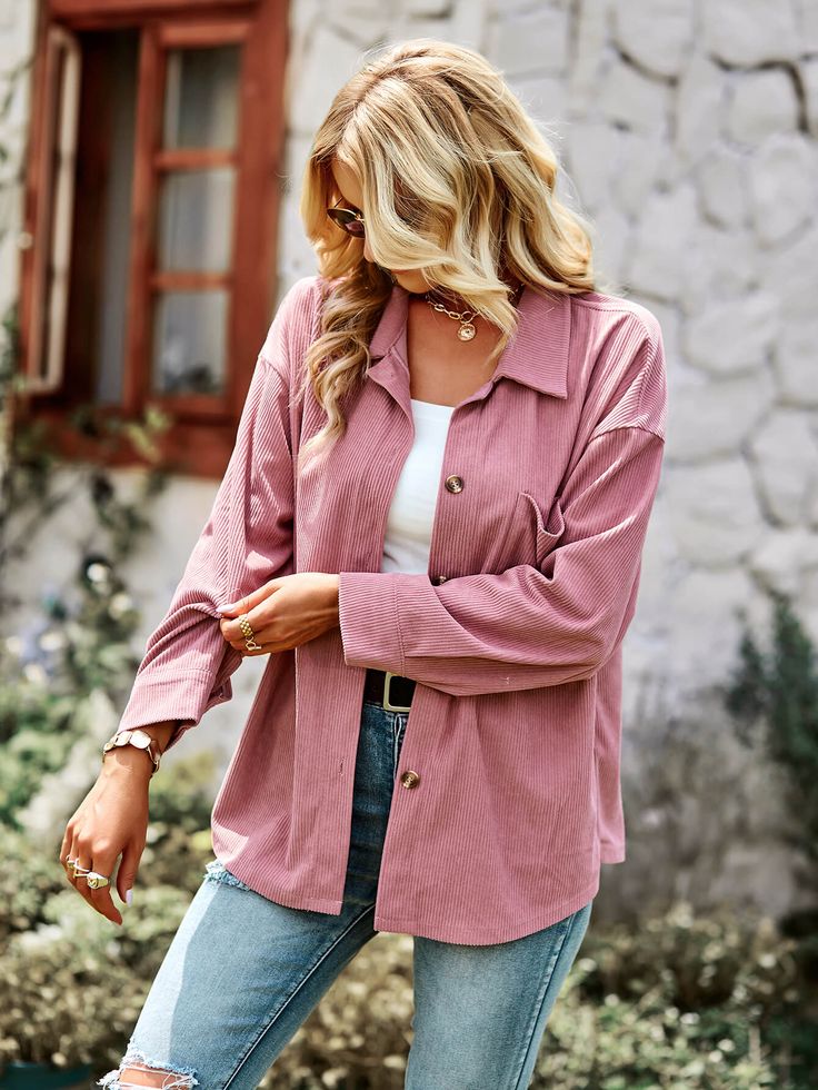 Add a pop of color in the Sofia Cotton Blend French Shacket in dusty pink with bust pockets and a subtle cropped fit. Size Guide: Demi is 5’6” tall, and has a 33.45” bust, 26.5” waist, & 35.2” hips. She is wearing a S / US 4 / AU 8. This jacket is true to size. Material: 55% polyester. 45% cotton. Feature: Functional buttons. Bust pockets. Comfortable. Occasions: Casual. Workwear. Care Instructions: Machine wash / Cold hand wash Pink Long Sleeve Outerwear For Spring, Pink Long Sleeve Spring Outerwear, Solid Single Breasted Top For Fall, Oversized Pink Single-breasted Outerwear, Solid Single-breasted Top For Fall, Pink Single Breasted Long Sleeve Outerwear, Pink Single-breasted Long Sleeve Outerwear, Trendy Pink Outerwear With Pockets, Long Sleeve Pink Outerwear For Fall