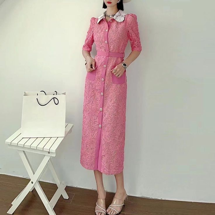 image_6 Feminine Midi Dress With Button Closure For Party, Pink Short Sleeve Midi Dress For Work, Feminine Party Midi Dress With Buttons, Pink Buttoned Midi Dress For Party, Pink Buttoned Dress For Formal Occasions, Pink Knee-length Midi Dress For Semi-formal Occasions, Pink Formal Dresses With Buttons, Feminine Fitted Midi Dress With Buttons, Feminine Fitted Midi Dress With Button Closure