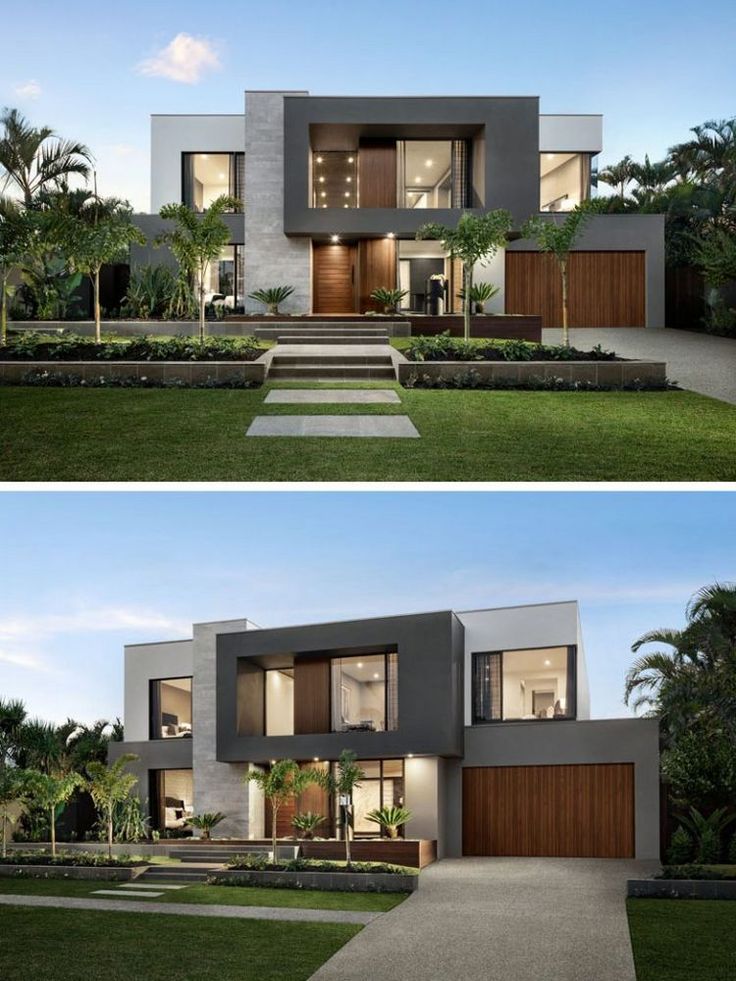 two pictures of the front and side of a modern house with trees in the yard