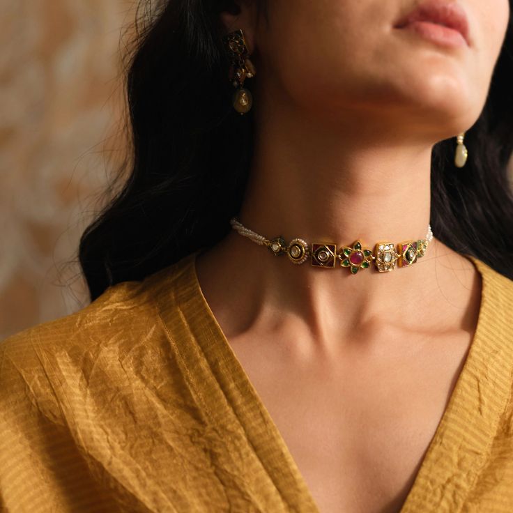 Gold(22K) : 3.40gGold(18K) : 5.10gUncut Diamond/Vilandi/Polki: 0.70ctGemstone : Emerald, Cultured Pearls, Glass-filled Rubies, Coloured StonesOther : Resham Zari Polki And Pearl Necklace, Gujrati Jewellery Traditional, Indian Gold Choker Necklace Design, Kundan Choker Necklace Gold, Emerald Indian Jewellery, Delicate Pearl Necklace, Desi Choker, Emerald Choker Indian, Ruby Jewelry Necklaces Indian