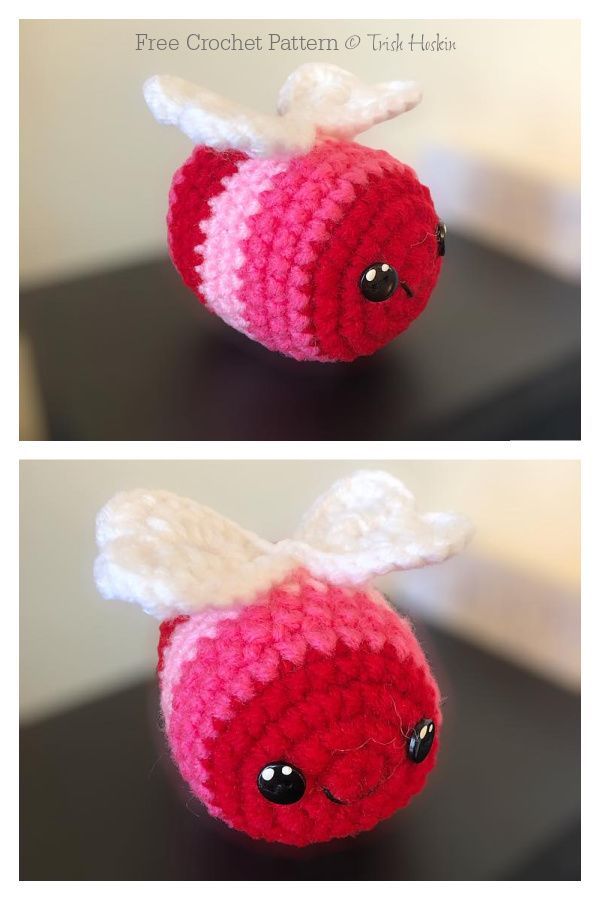 two pictures of a red and white crocheted stuffed animal with wings on it's head