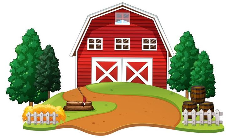 a farm scene with a red barn and a white fence on a white background illustration